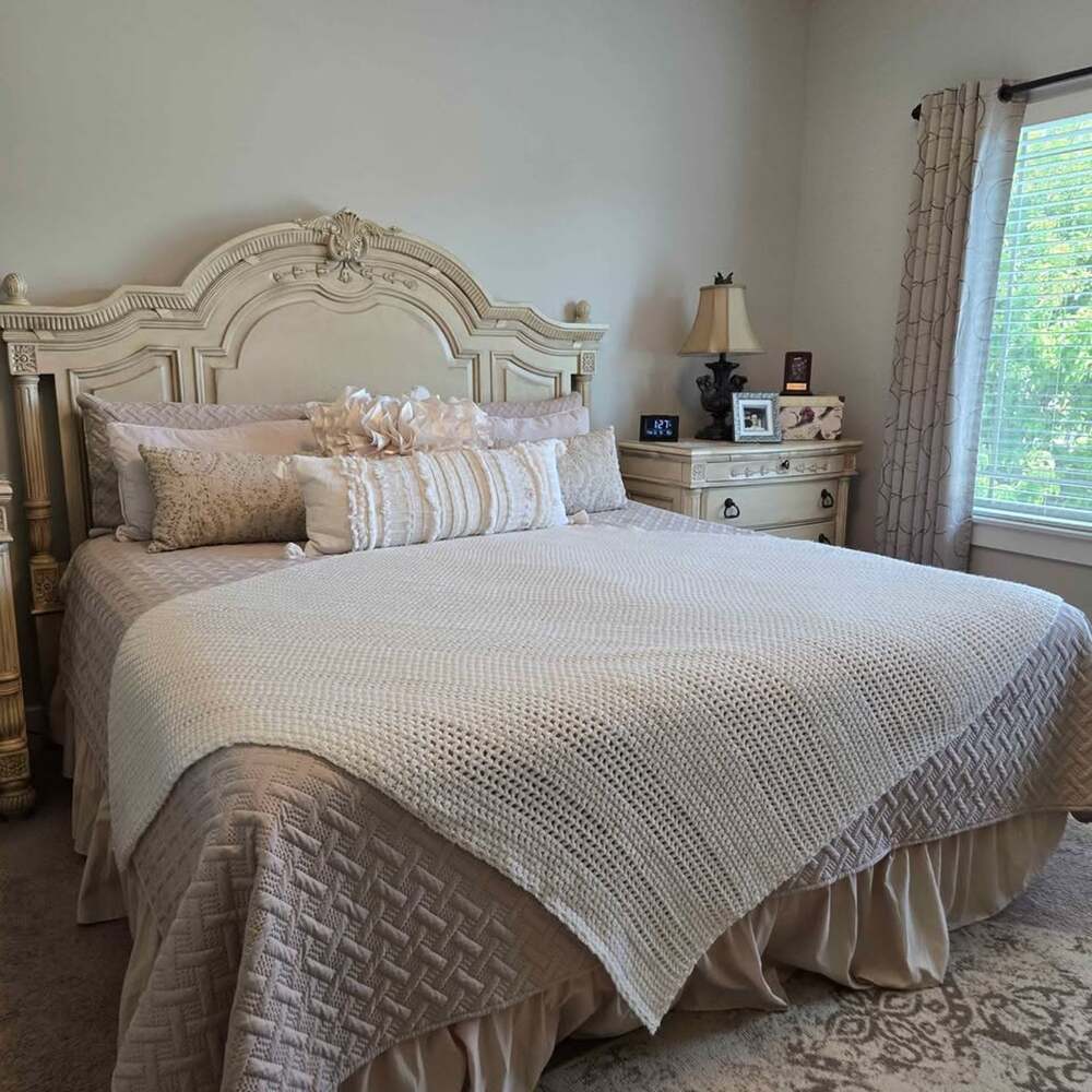 Handmade Ivory Open Knit Throw Blanket 70x71 Cottagecore Farmhouse Neutral